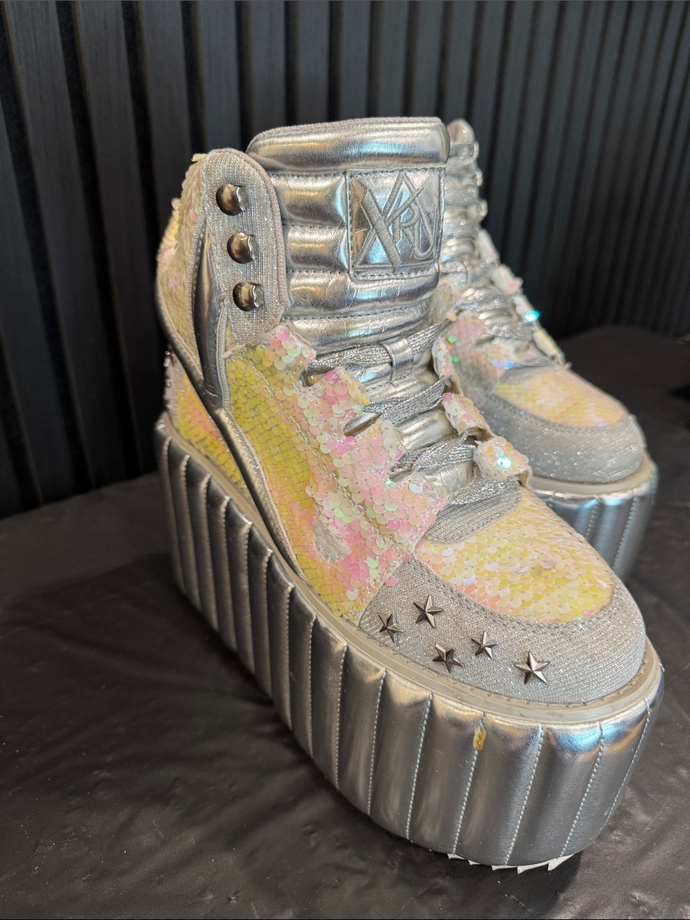 YRU Qozmo Iridescent Sequin Platform Sneakers